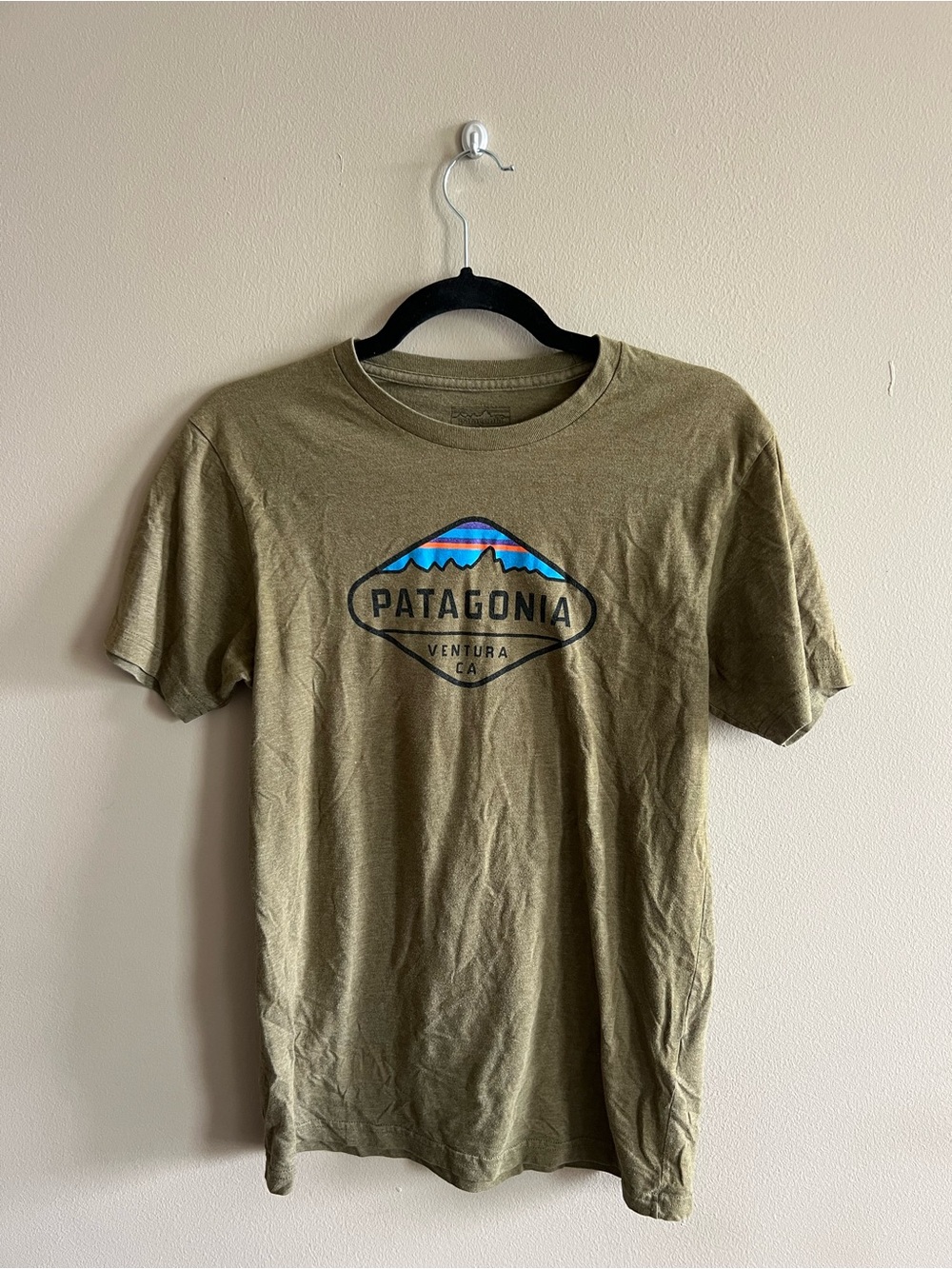 Patagonia Olive Short-Sleeve Logo Tee with Blue Accent